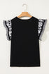 Black Floral Striped Patchwork Flutter Sleeve Easter Bunny Patched Blouse
